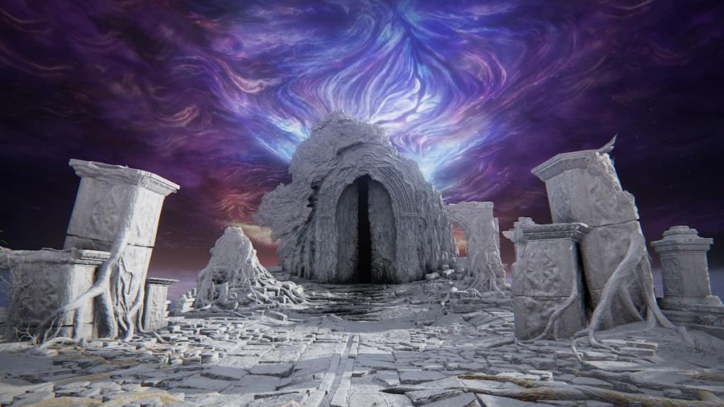 Gates in Nightreign with a purple sky above them.