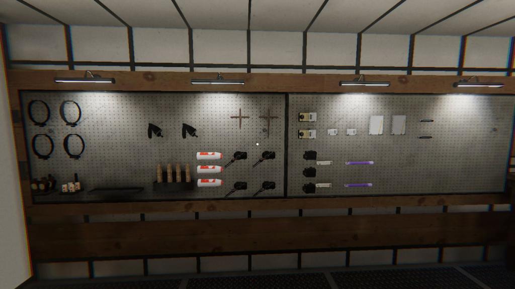 All glow in the dark challenge equipment hung on wall in phasmophobia