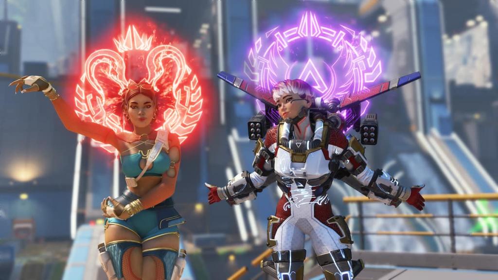 Loba and Valkyrie show off the new Aura cosmetic, which works almost like a large halo behind a character.