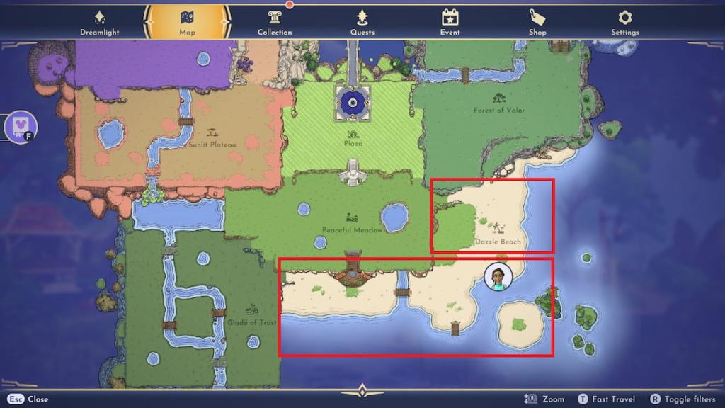 Dazzle beach marked on map in DDV