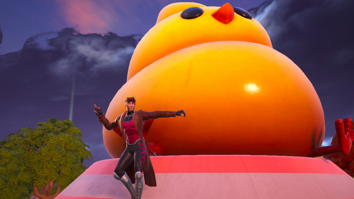 Gambit dancing on a roof of a burd to go gas station in front of a giant yellow blow up bird statue in fortnite