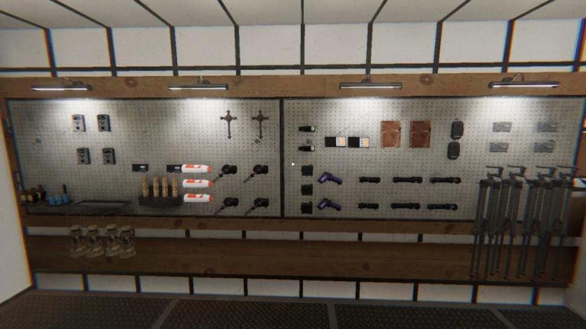 Challenge equipment hung on the wall in Phasmophobia.