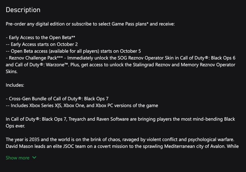 Xbox store description of Black Ops 7 Cross-Gen Bundle