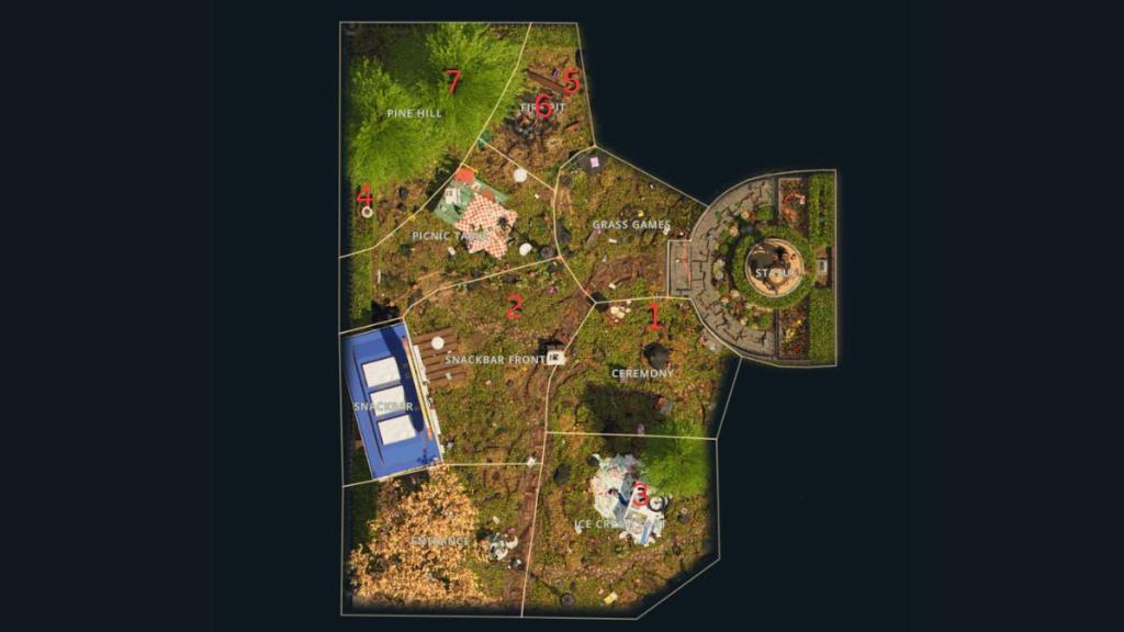 Location of unique weapons marked on a map in Grounded 2.