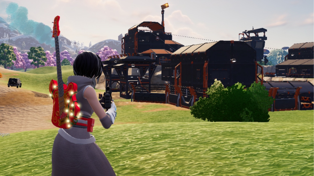 Player character aiming at a bug outpost in Fortnite
