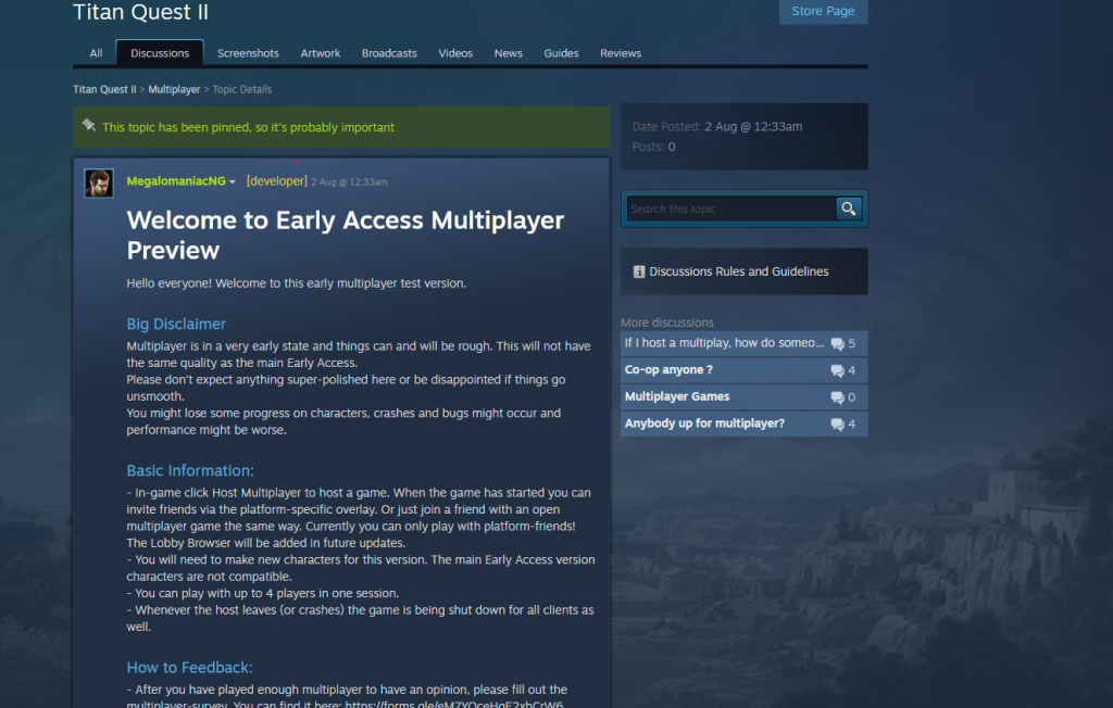 Official description of the Titan Quest 2 unstable multiplayer version