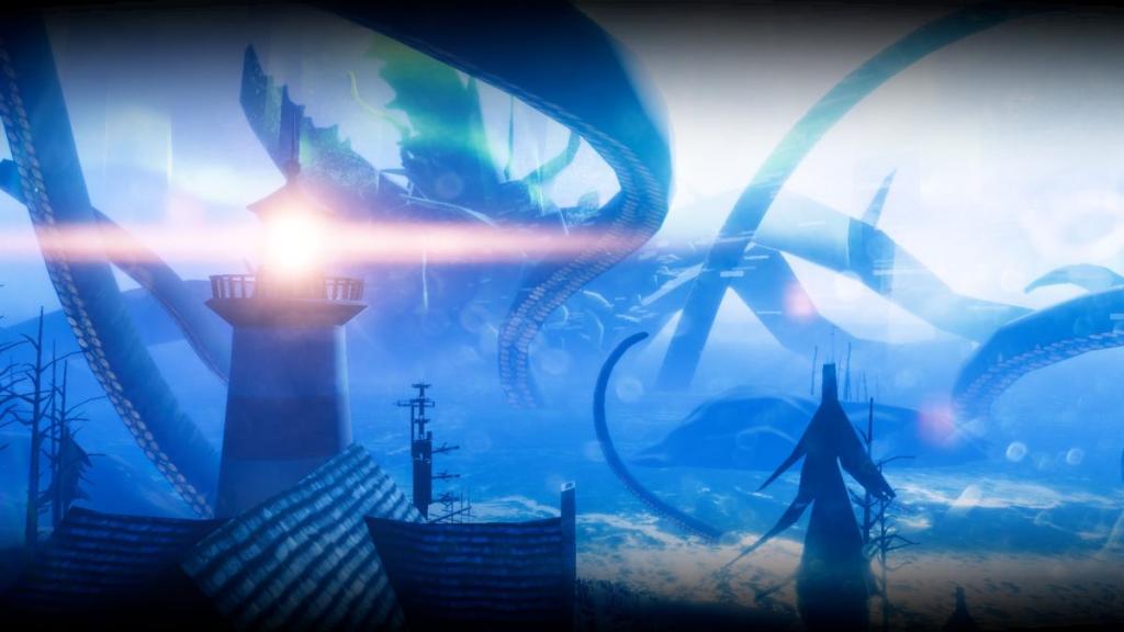 Bright shot of the lighthouse beam shining into the camera with silhouette of the Great Old One in the background