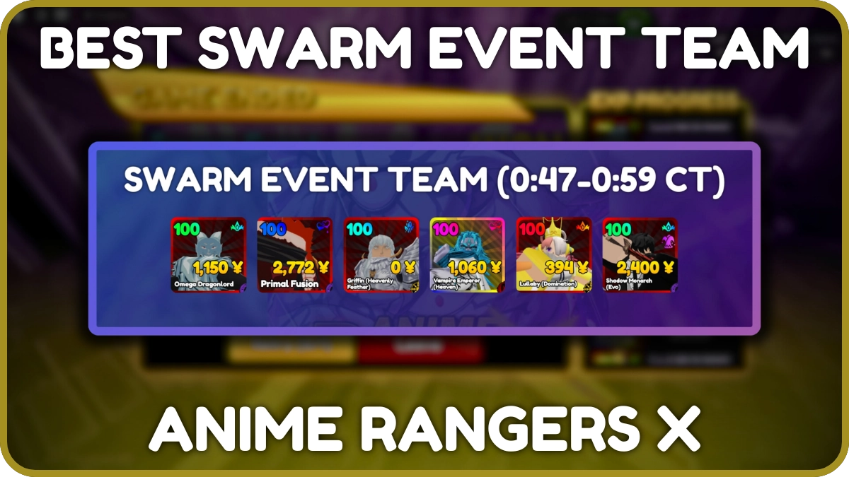 Clear time of a completed Swarm Event stage with the best team for Swarm Event stages in the foreground in Anime Rangers X Roblox experience.