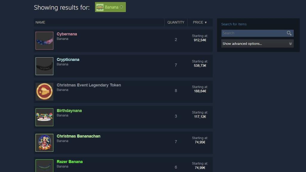 Steam pricing list of various digital items from the game "Banana."