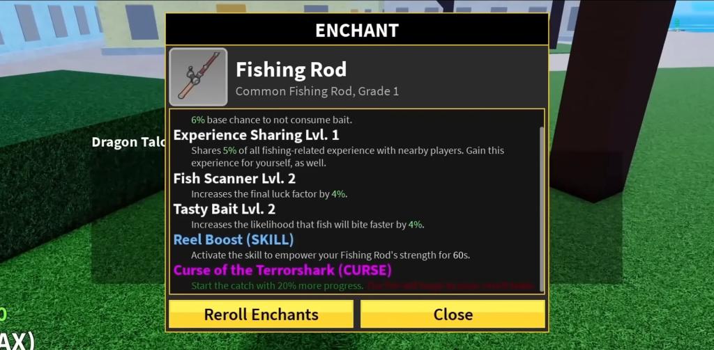 Preview of the fishing rod enchant menu in Blox Fruits Roblox experience.