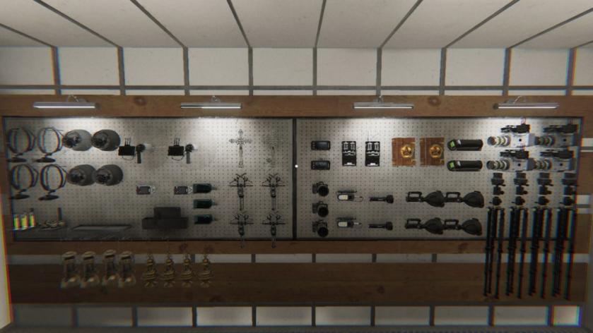 Challenge equipment hung on the wall in Phasmophobia.
