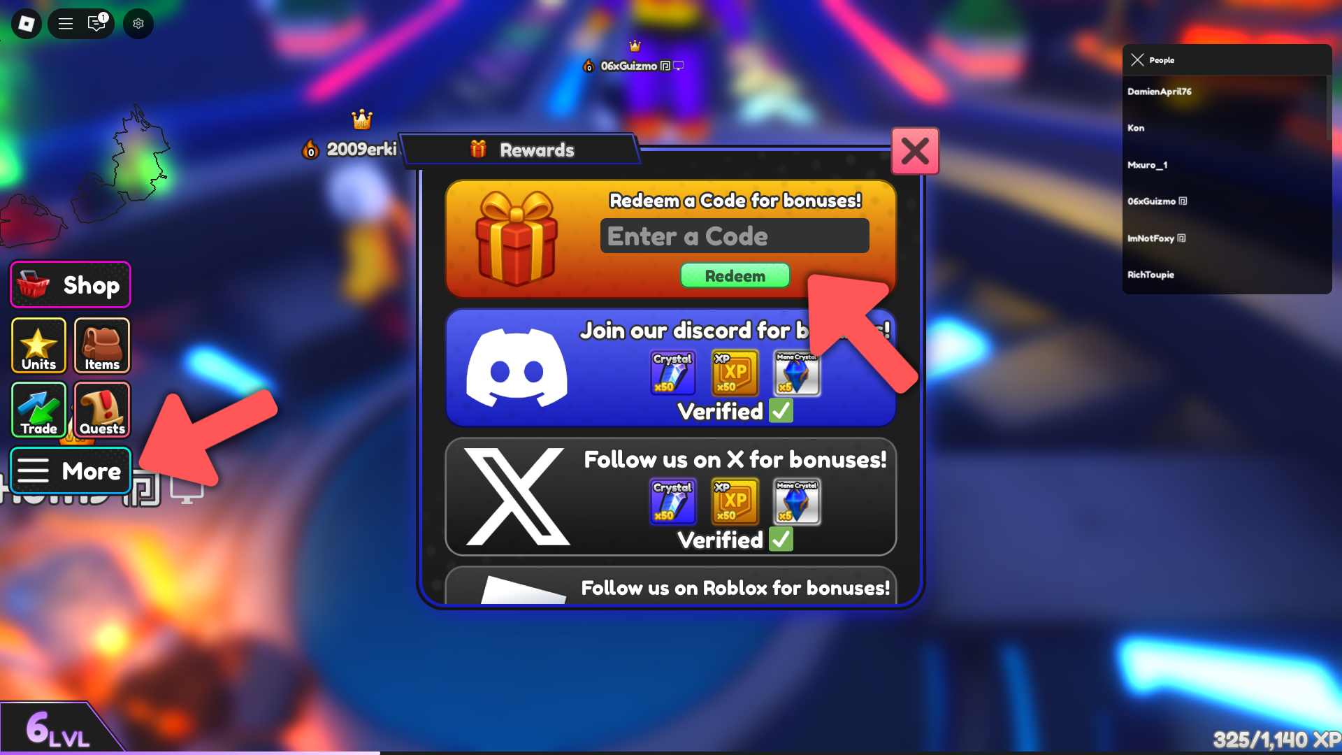A player showing how to redeem codes in Evolve Clash Roblox experience.