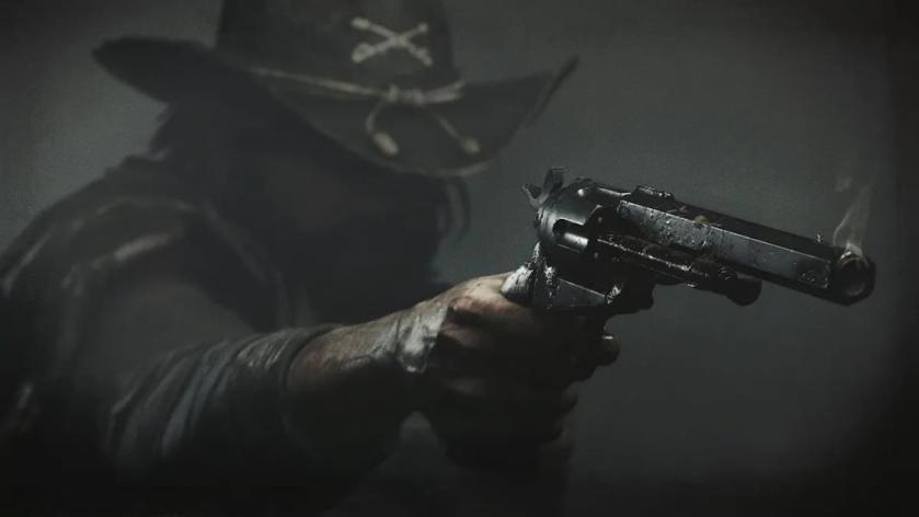 A cowboy pointing a gun to the side of the camera in Hunt: Showdown.