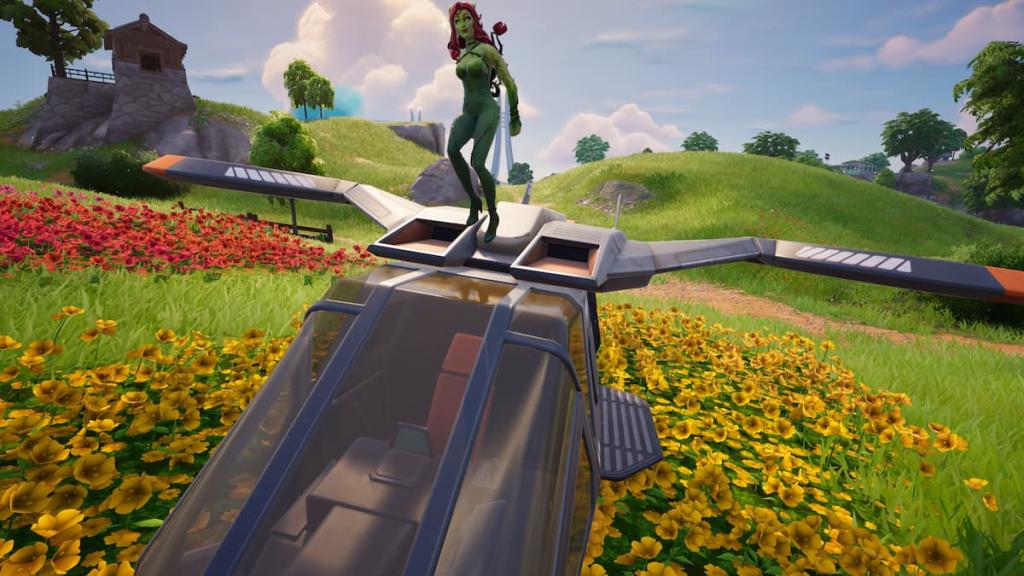Poison Ivy standing on a Hammerhead Choppa in Fortnite