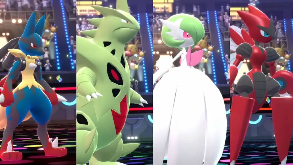 Lucario, Tyranitar, Gardevoir, and Scizor in their Mega Forms, side by side, in Pokémon Champions