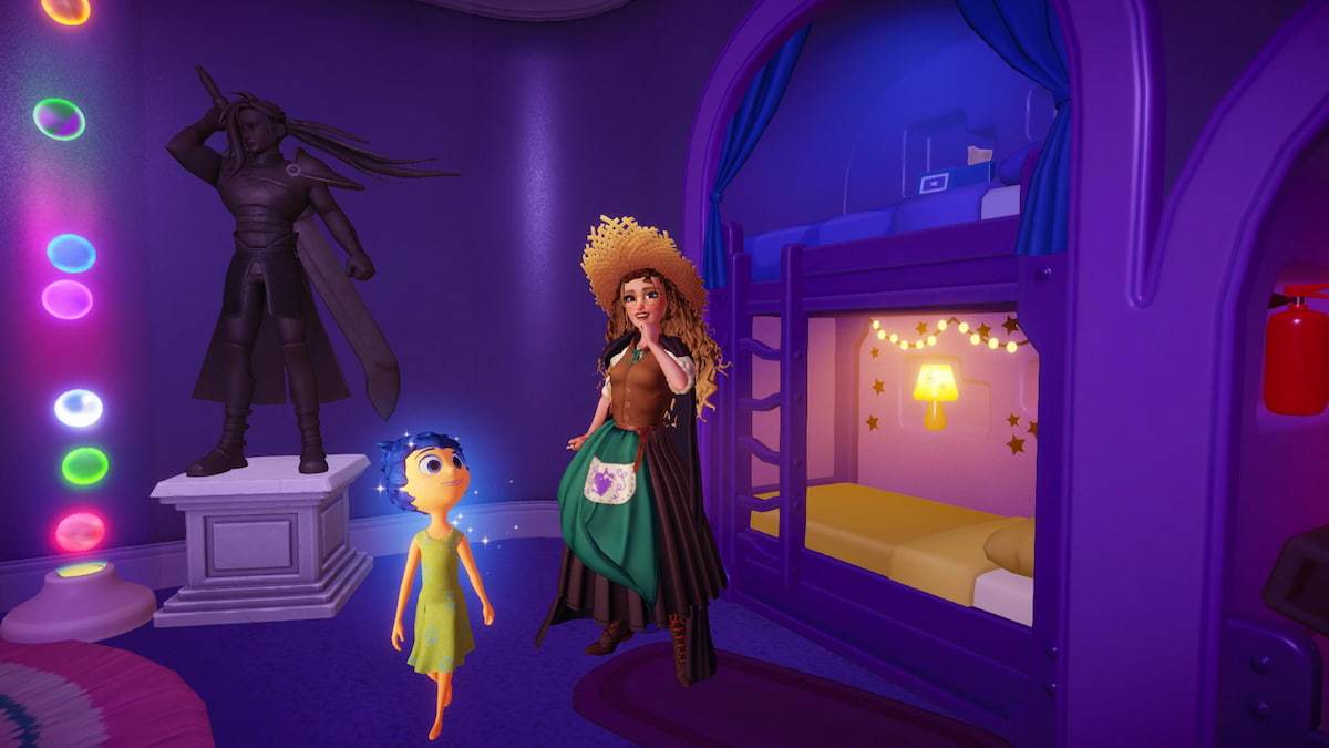 Standing by Joy in a purple house in disney dreamlight valley
