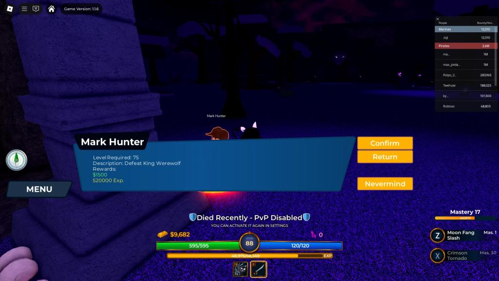 A player talking to the Mark Hunter NPC which offers the King Werewolf quest in Vox Seas Roblox experience.