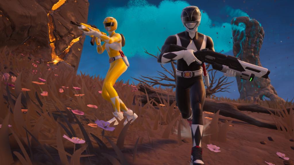 A yellow and black power ranger running together in fortnite