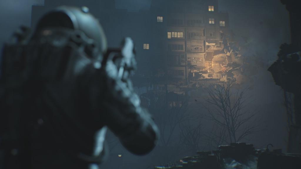 Focused shot of the apartment building in the distance with the Diving Point on show and ND-3576 in the foreground, unfocused.