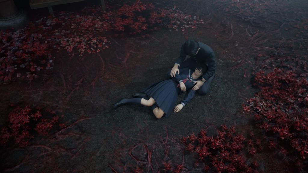 Shu knelt down, holding an unconscious Hinako in his lap