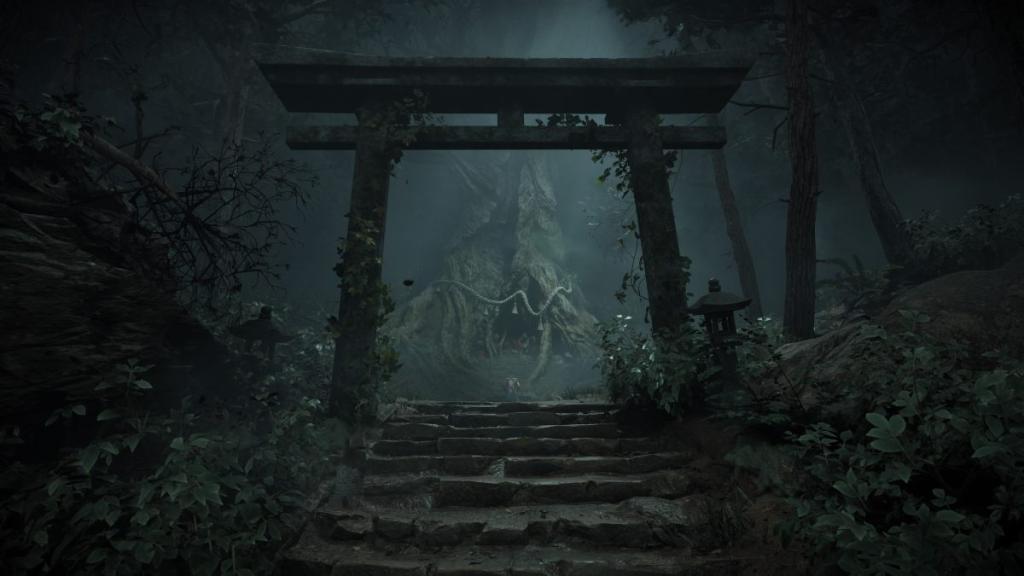 A torii gate in front of the divine tree with Hinako siting in front of it