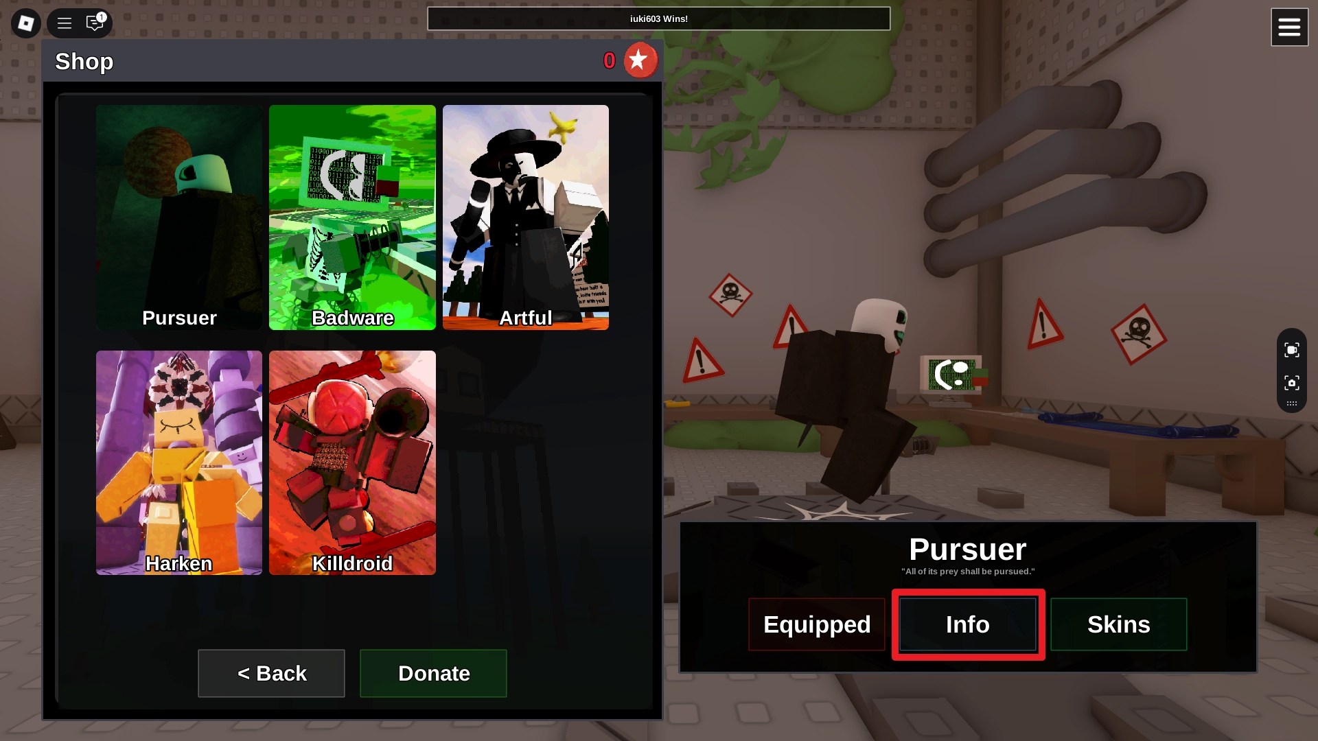 Preview of the killer shop menu in Die of Death Roblox experience.