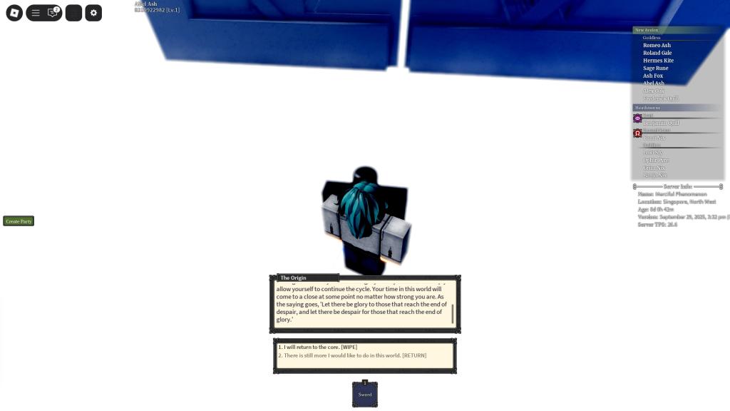 A player choosing to wipe their character when interacting with The Origin NPC at the Gates of Guf in Nethros Roblox experience.