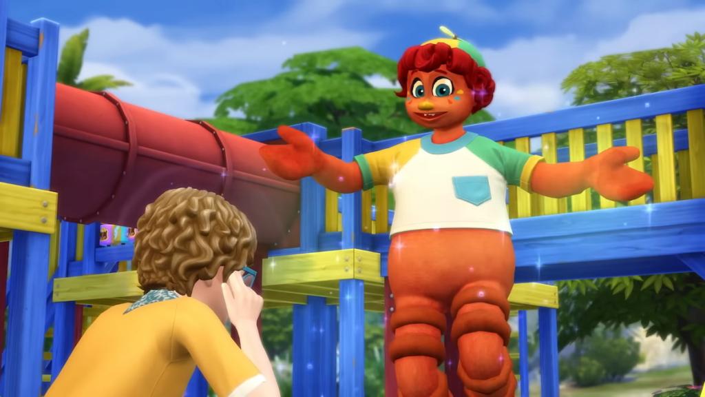 An orange Imaginary Friend floating in the air next to a child in the sims 4