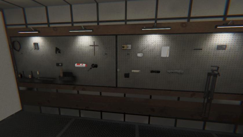 Challenge equipment hung on the wall in Phasmophobia.