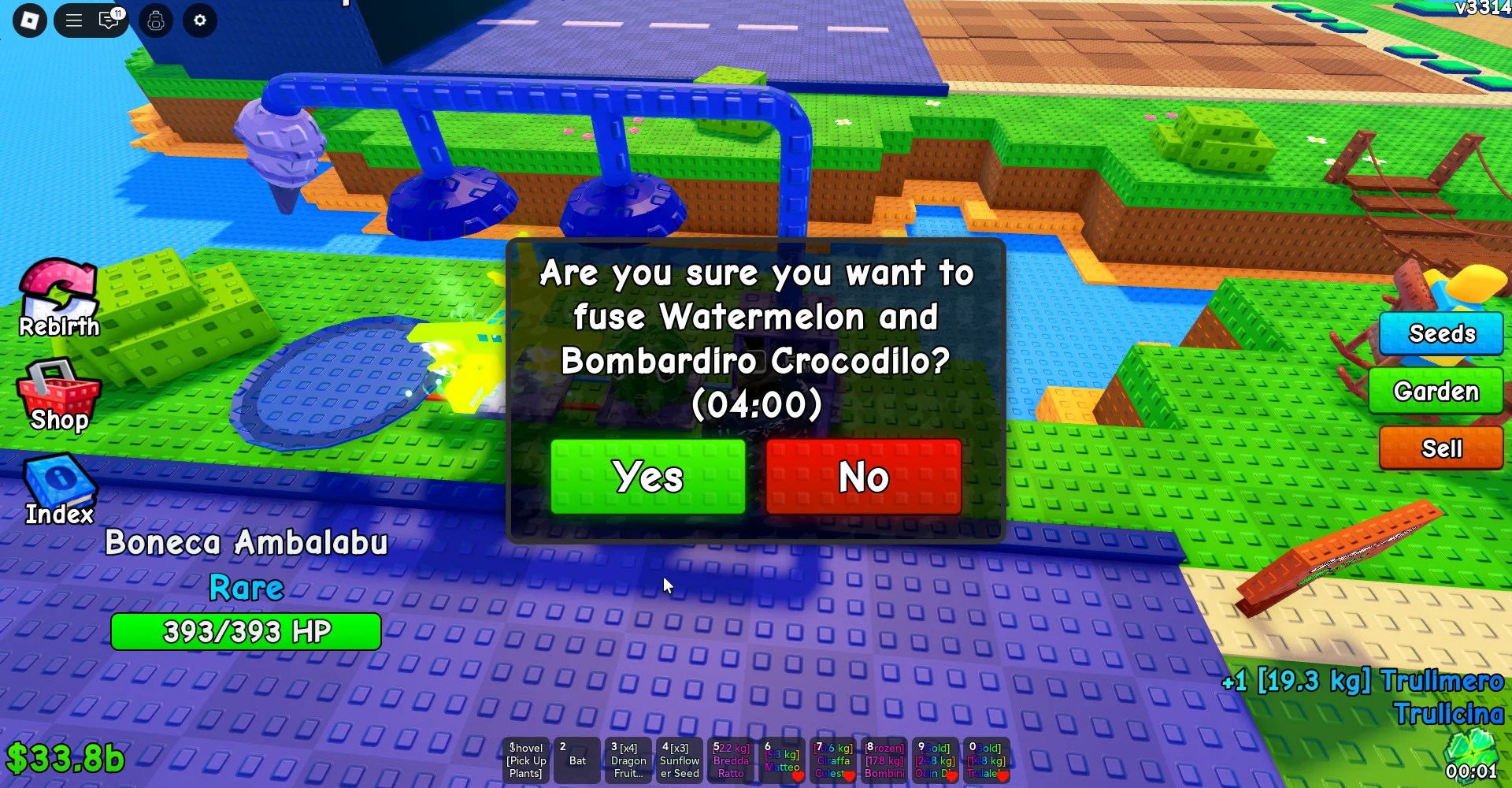 Um jogador usando a máquina de fusíveis na experiência das plantas versus o Brainrots Roblox.