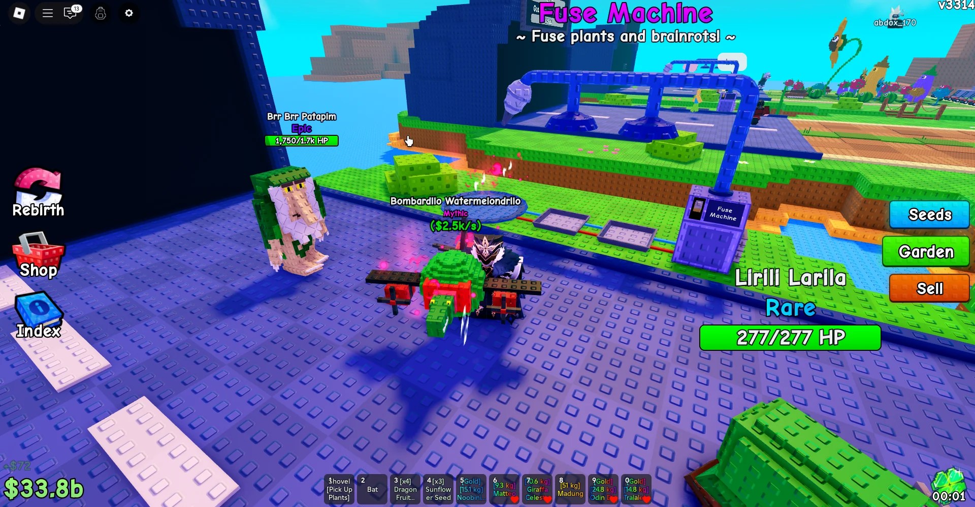 A player holding the result of a fusion in Plants vs Brainrots Roblox experience.