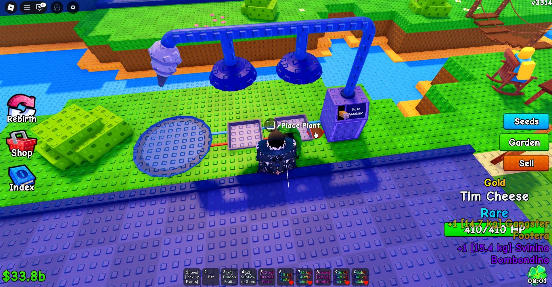 Um jogador usando a máquina de fusíveis na experiência das plantas versus o Brainrots Roblox.