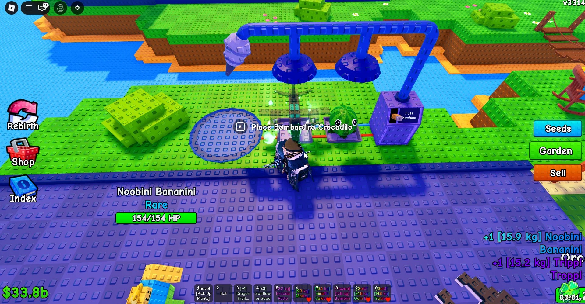 Um jogador usando a máquina de fusíveis na experiência das plantas versus o Brainrots Roblox.