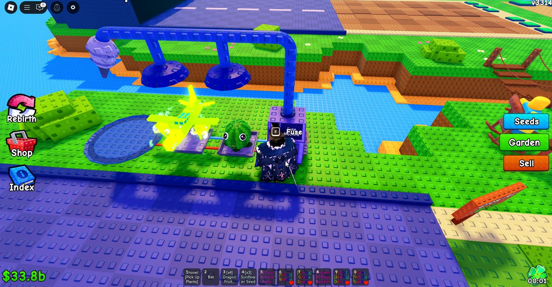 Um jogador usando a máquina de fusíveis na experiência das plantas versus o Brainrots Roblox.
