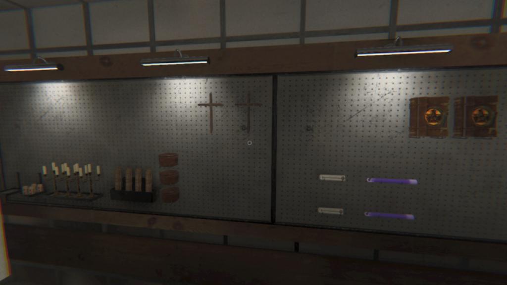 Challenge equipment hung on the wall in Phasmophobia.