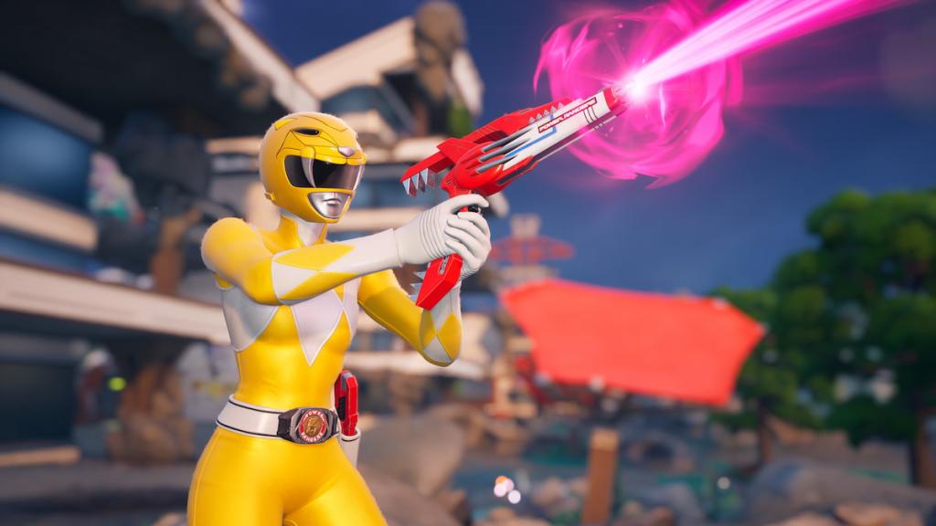 Yellow ranger shooting a red mythic blade blaster in fortnite