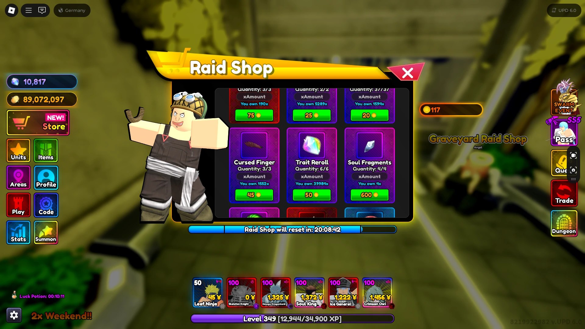 Preview of the raid shop in Anime Rangers X with Soul Fragments being one of the available items in it.