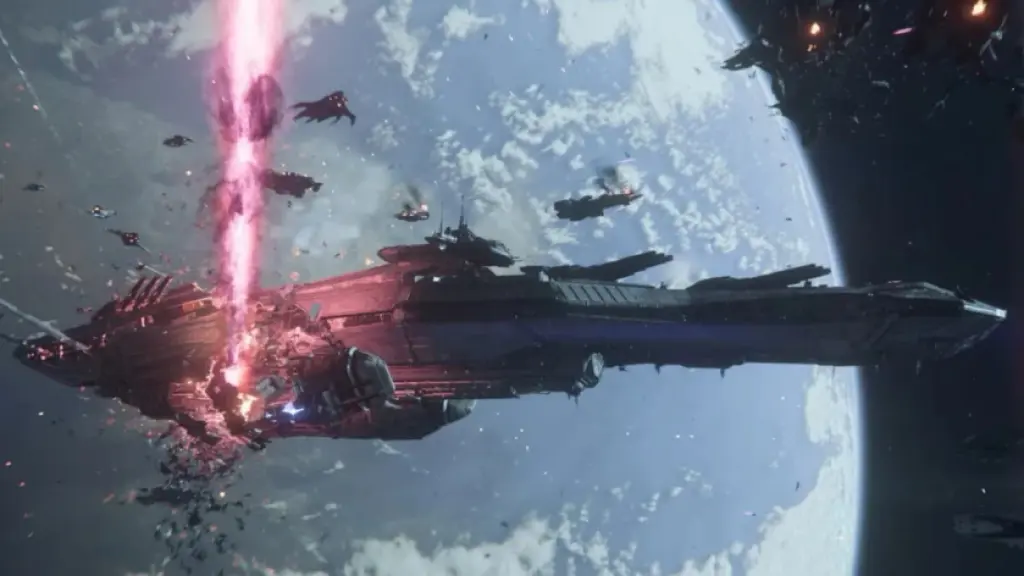 A star ship on fire and in combat above a massive planet in Squadron 42.