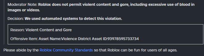 Preview of the takedown notice sent by Roblox to the Violence District developers.