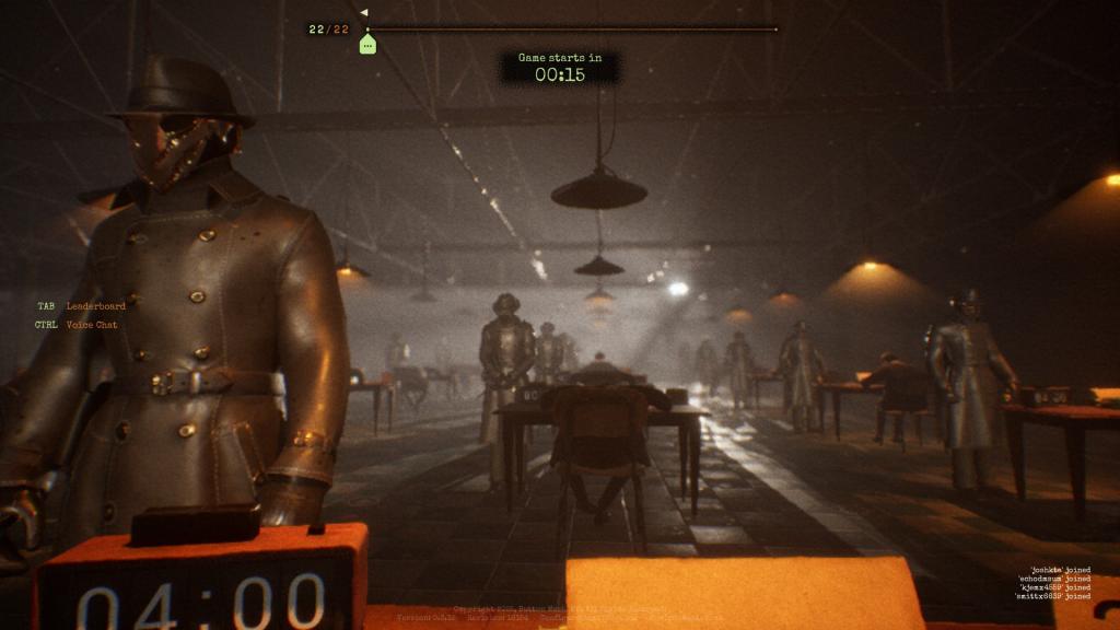 Rows of players in an underground facility next to masked guards in Final Sentence