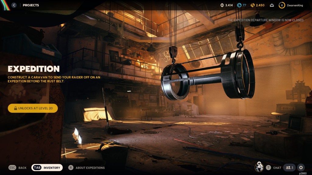 A hangar with a chassis hanging from the ceiling in ARC RAiders.