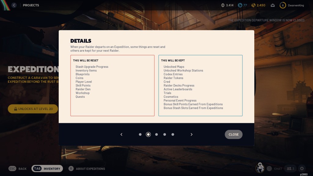 An explainer screen showing the bonuses and downsides of Expeditions in ARC Raiders.