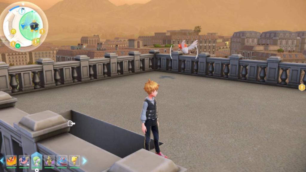 A Trainer explores a rooftop in Pokémon Legends Z-A while an Alpha Fletchling flies nearby