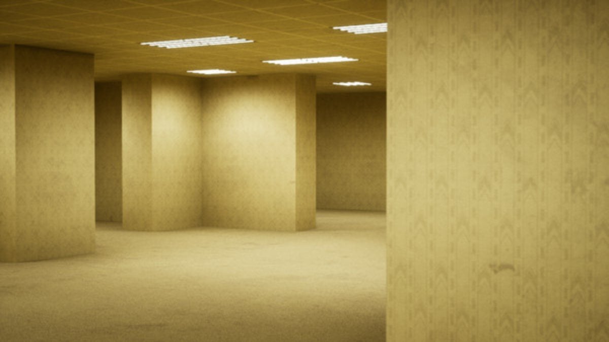 Level 0's infinite yellow corridors with office ceiling lights