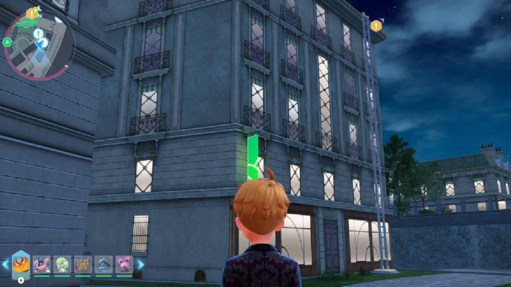 A trainer looks up at a tall building in Pokémon Legends Z-A