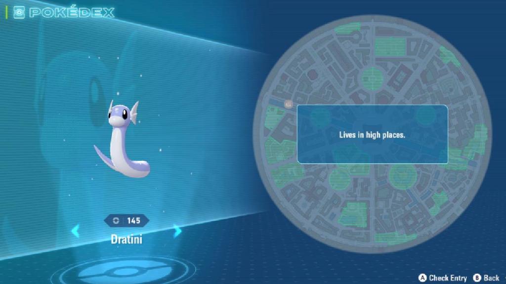 A menu shows the details of the Pokémon Dratini in Pokémon Legends Z-A