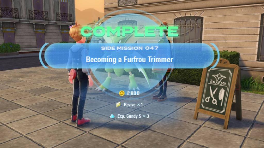 A menu shows the Side Mission needed to unlock Furfrou