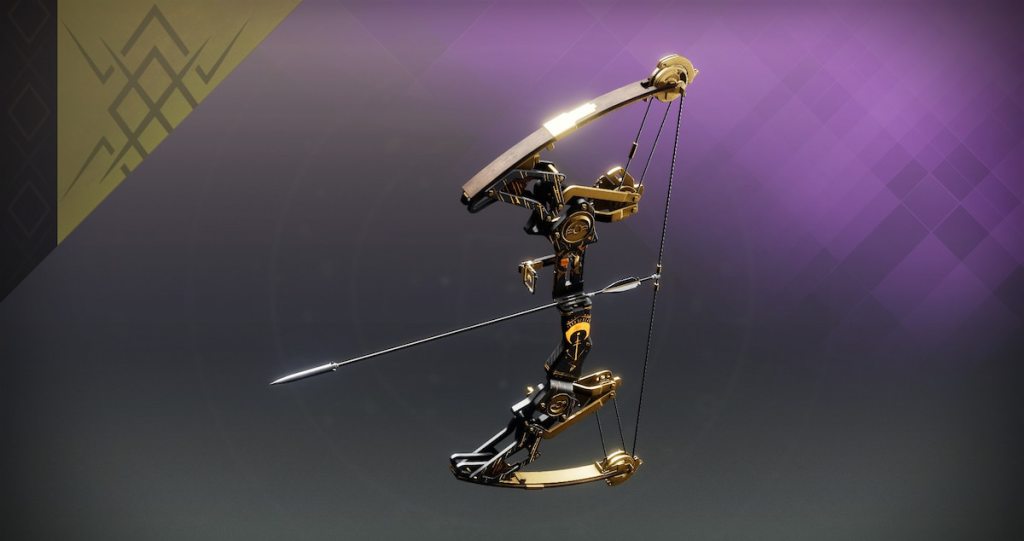 The Hushed Whisper precision bow in Destiny 2, with its typical black motif and arcane patterns scribbled in gold.