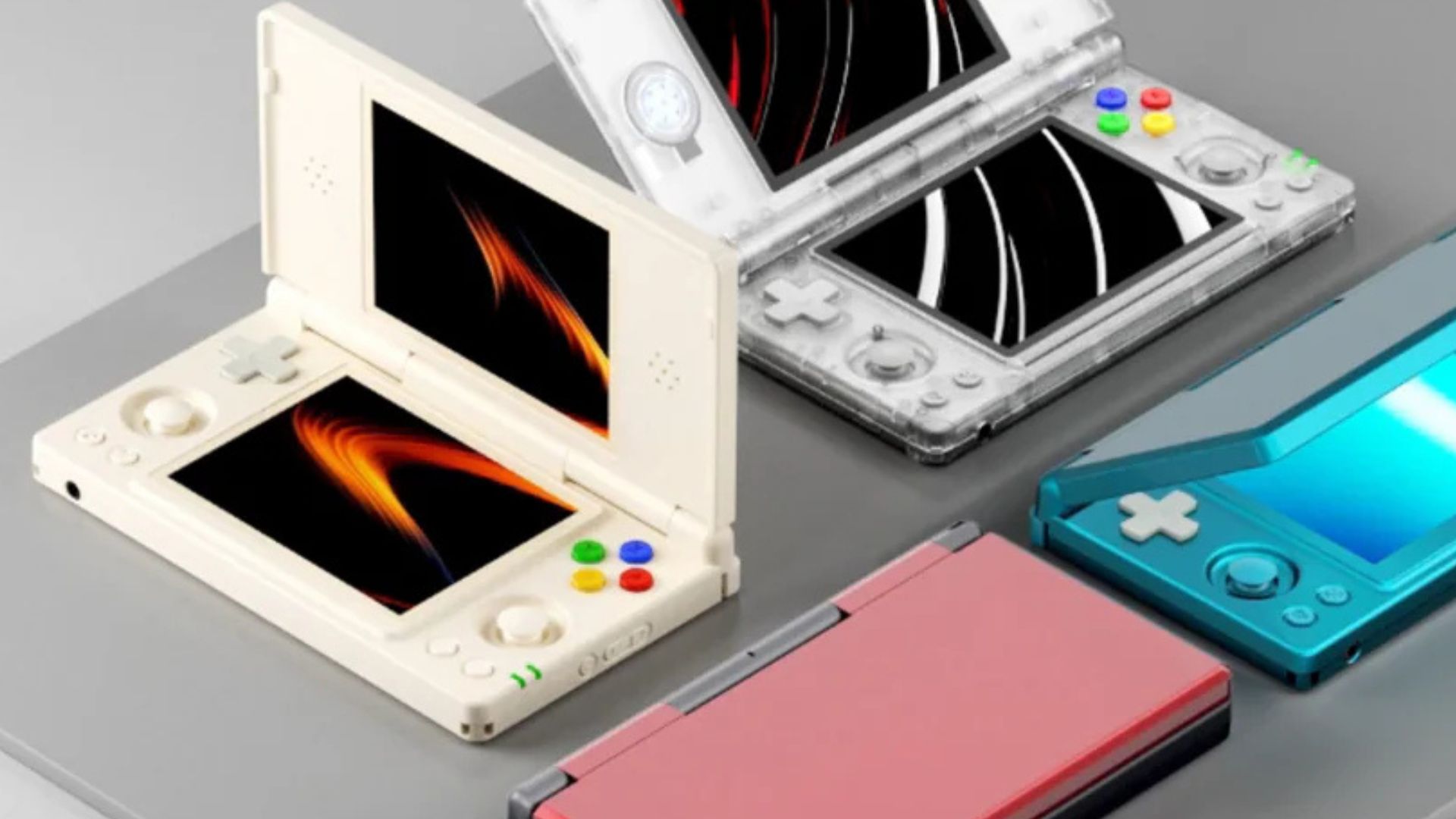 Several Anbernic RG DS models side by side.