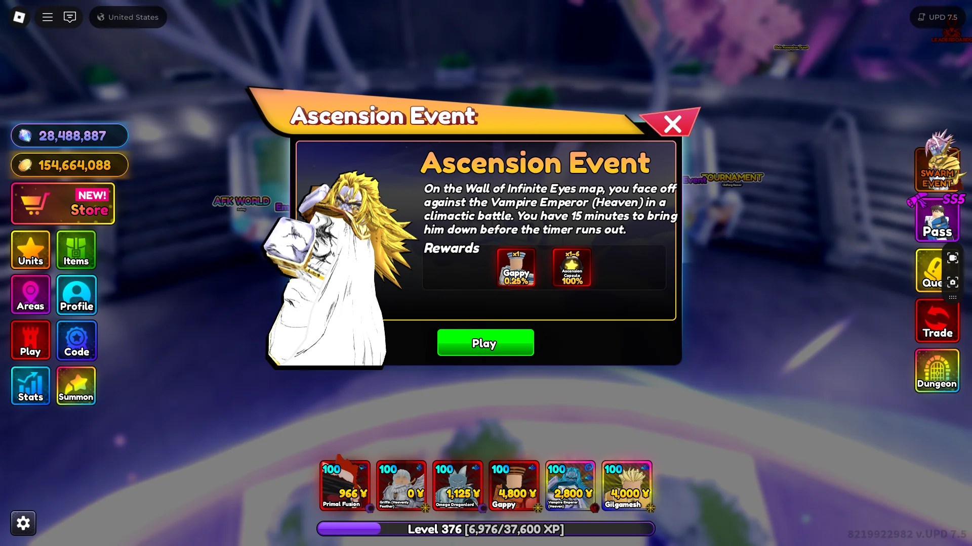A player interacting with the Ascension Event NPC in Anime Rangers X Roblox experience.